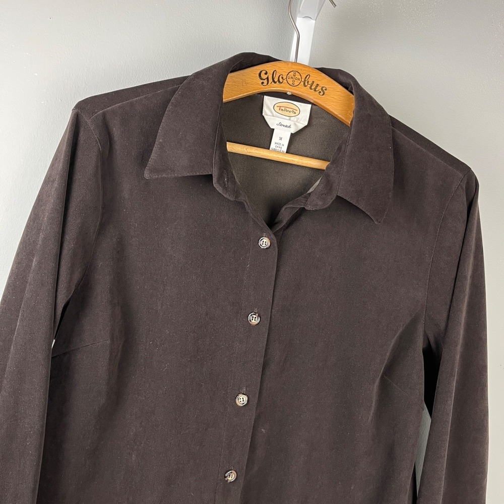 Talbots Womens Top Shirt M Chocolate Brown Stretch Microfiber Button Up Vintage